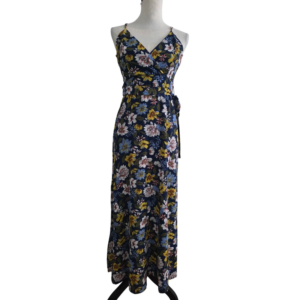 Forever 21 Womens Navy Blue Floral Maxi Dress V-Neck Wrap Tie Size Medium M
